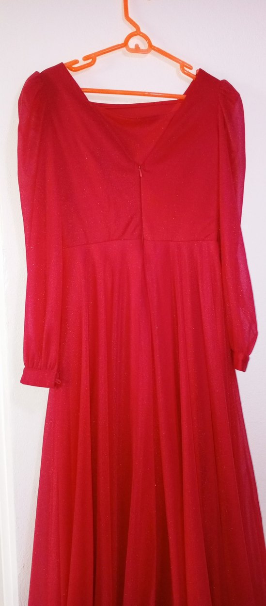 Kırmızı  Uzun Abiye Elbise simli - Görsel 4