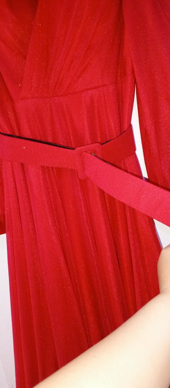 Kırmızı  Uzun Abiye Elbise simli - Görsel 5