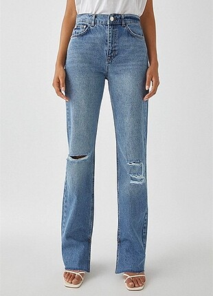 Dizleri Yırtık, Kot Renk Straight Leg Jeans