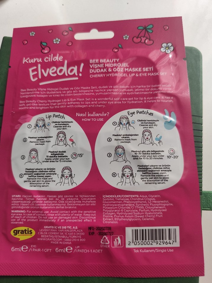 Bee Beauty Kiraz & Kolajen Dudak + Göz Maskesi | Nem & Dolgunluk - Görsel 2