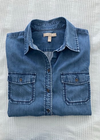 Düğmeli Mavi Denim Kadın Gömlek