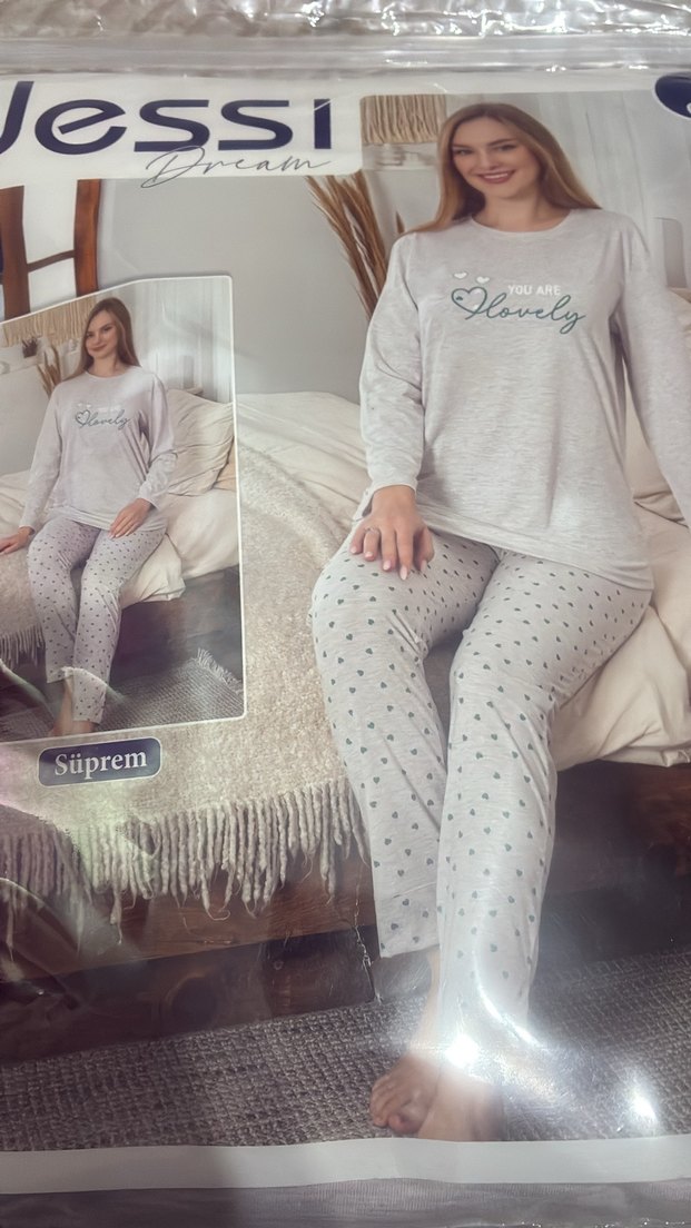 Uzun Kollu Gri Desenli Kadın Pijama Takımı - Görsel 2