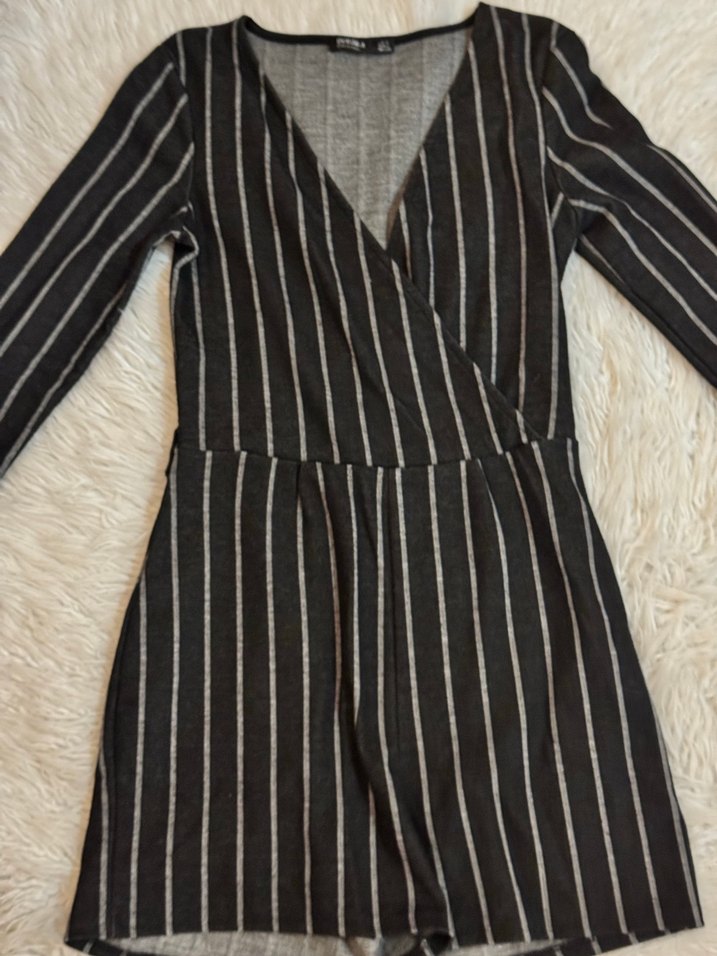 Bershka Çizgili Siyah Mini Tulum - Görsel 2