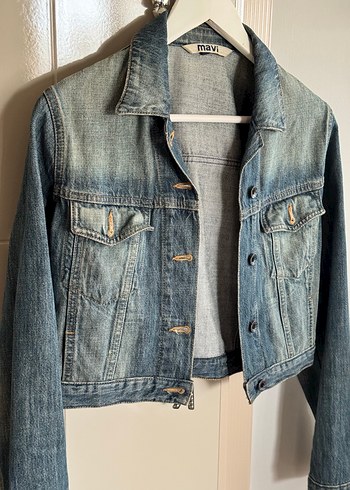 Mavi jeans Crop Düğmeli Koyu Mavi Kadın Denim Ceket - Görsel 4