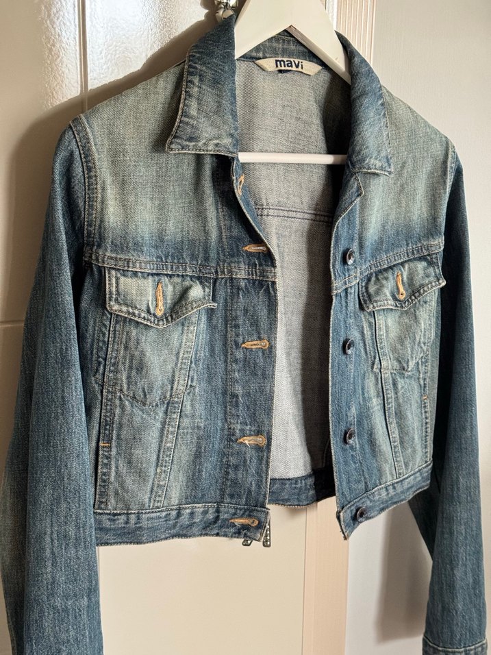 Mavi jeans Crop Düğmeli Koyu Mavi Kadın Denim Ceket - Görsel 4