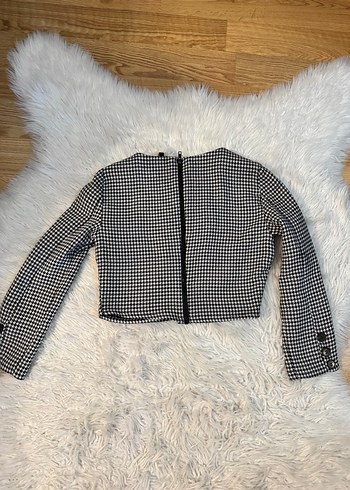 Zara Crop Düğmeli Gri Kareli Kadın Bluz - Görsel 2