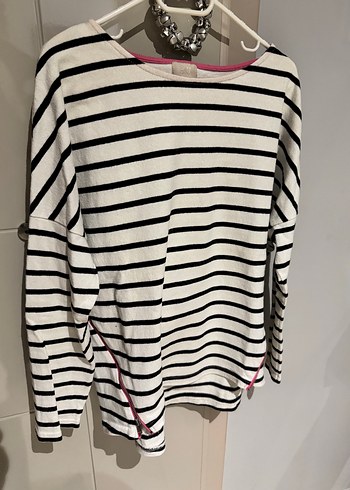 H&M Kadın Beyaz Siyah  Çizgili Pamuklu Uzun Kollu Kazak - Görsel 2