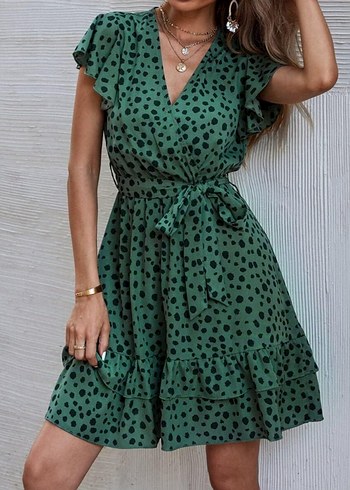 Sheinside Yeşil Puantiyeli V Yaka Mini Elbise