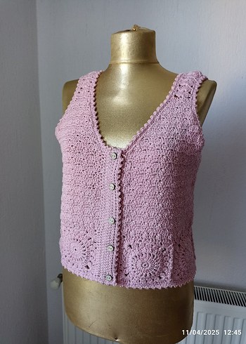 Pembe Dantel Örme V Yaka bluz - Görsel 5