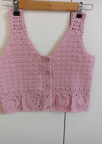 Pembe Dantel Örme V Yaka bluz - Görsel 2