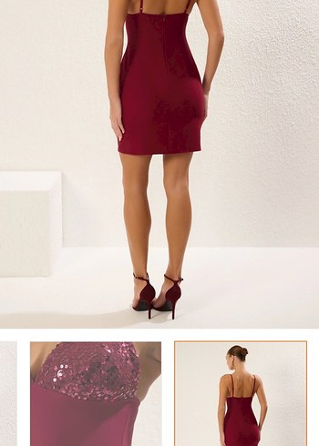 Bordo Drapeli Midi Abiye Elbise - Görsel 4