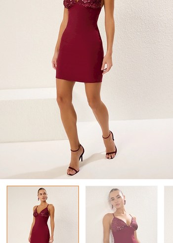 Bordo Drapeli Midi Abiye Elbise - Görsel 2