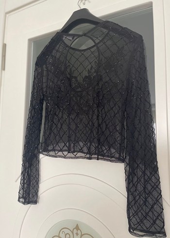 Uzun Kollu Siyah Taş Boncuk  İşlemeli Bluz - Görsel 3