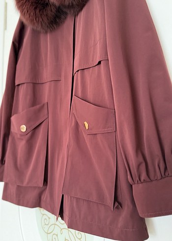 Bordo Kürklü Kadın Midi Ceket - Görsel 3