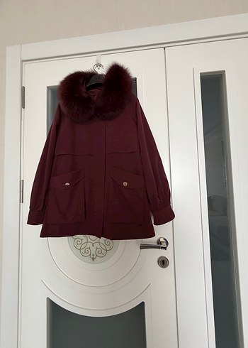Bordo Kürklü Kadın Midi Ceket - Görsel 7