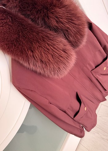 Bordo Kürklü Kadın Midi Ceket - Görsel 4