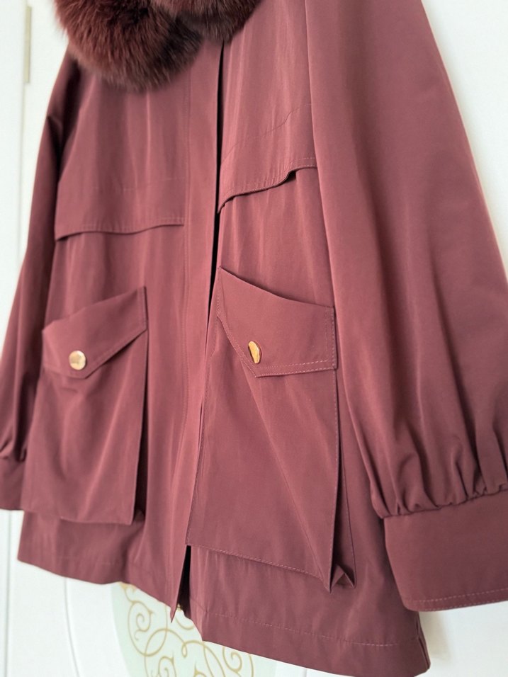 Bordo Kürklü Kadın Midi Ceket - Görsel 3