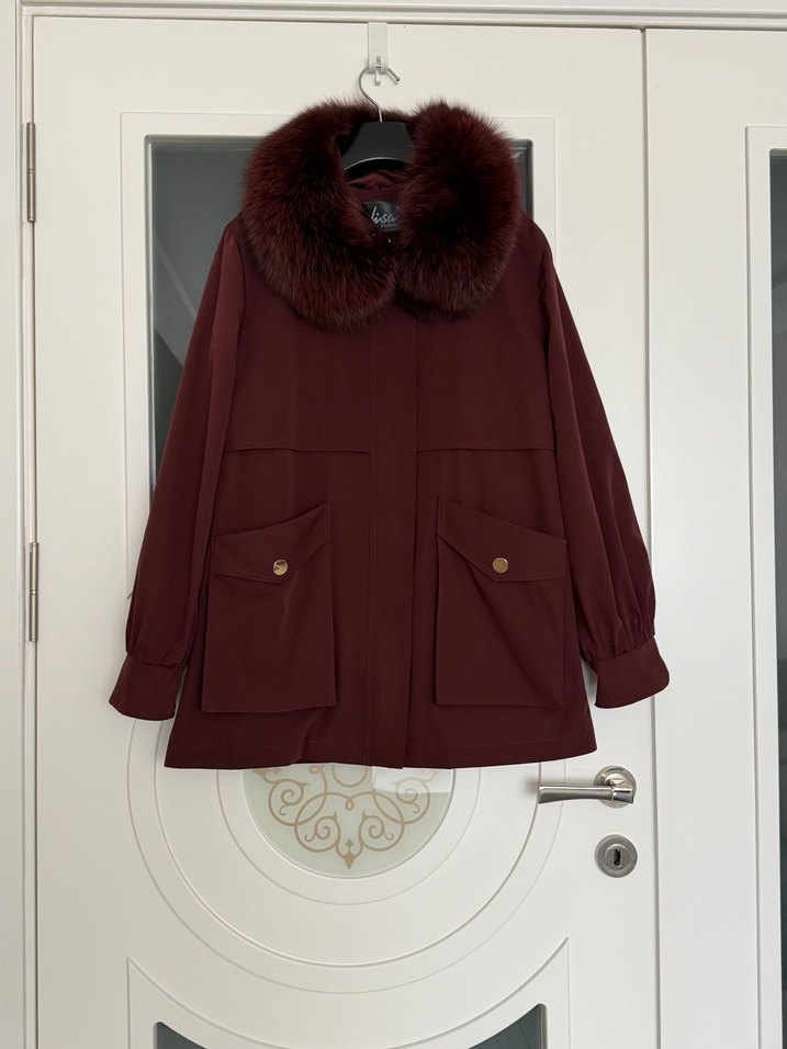 Bordo Kürklü Kadın Midi Ceket - Görsel 5