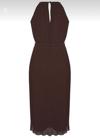 Kahverengi Midi piliseli Askılı Kemerli Kadın Elbise - Görsel 5