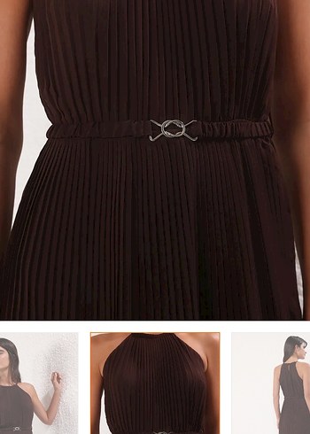 Kahverengi Midi piliseli Askılı Kemerli Kadın Elbise - Görsel 3