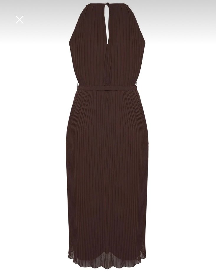 Kahverengi Midi piliseli Askılı Kemerli Kadın Elbise - Görsel 5