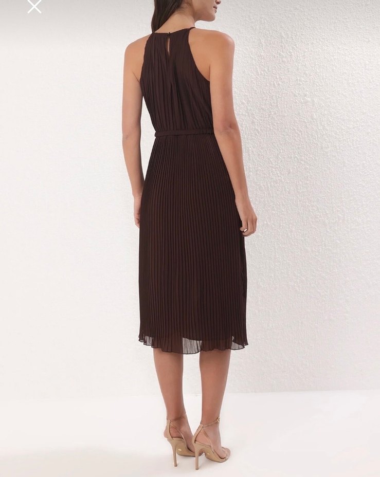 Kahverengi Midi piliseli Askılı Kemerli Kadın Elbise - Görsel 4