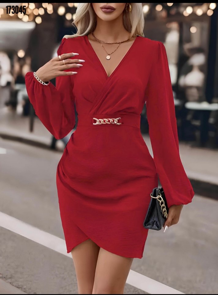 Kırmızı V Yaka Kemerli Mini Elbise - Görsel 4