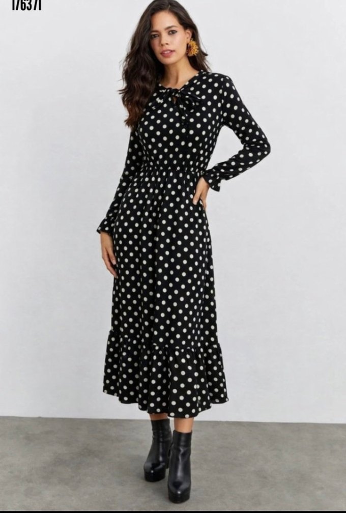 Uzun Kollu Siyah Puantiye Desenli Elbise - Görsel 2