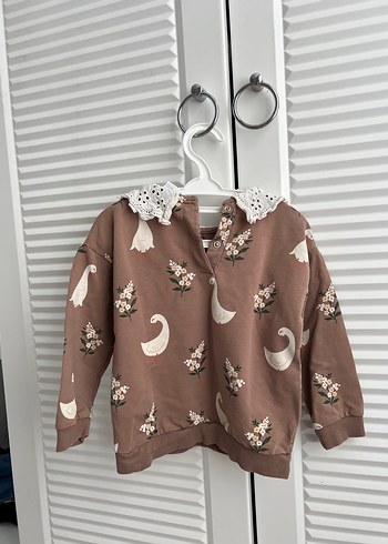 18-24 Ay Beden Dantel Yaka Nakışlı Kahverengi Kız Sweatshirt
