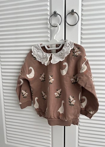Dantel Yaka Nakışlı Kahverengi Kız Sweatshirt