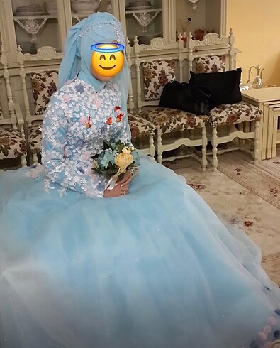 36 Beden Nişanlık mavi arka detayı üç boyutlu çiçekli