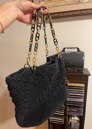  Beden Zincir Detaylı Siyah Örgü Vintage Çanta