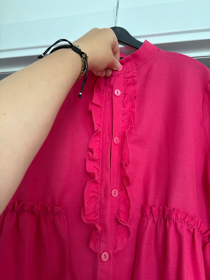 Pembe Düğmeli Midi Hamile Keten Ceket - Görsel 2