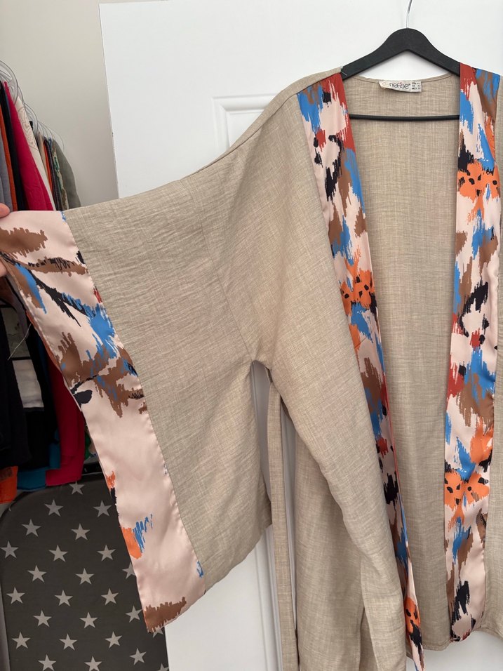 Bej Baskılı Uzun Bohem Kadın Kimono - Görsel 2