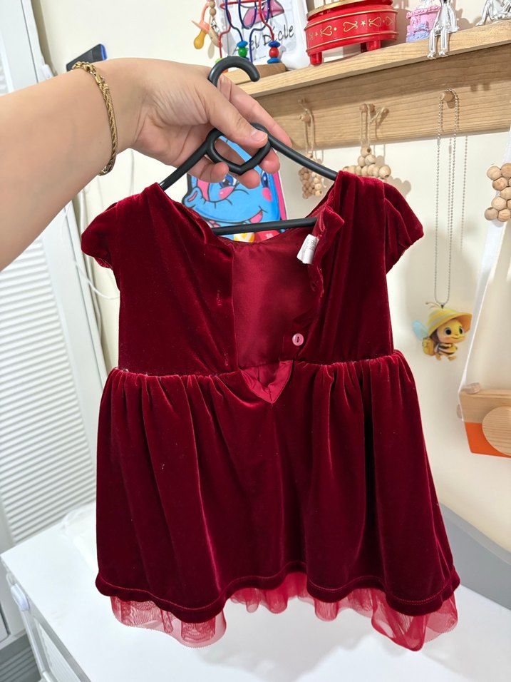 Bordo kadife Kız Çocuk Fırfırlı Elbise - Görsel 2
