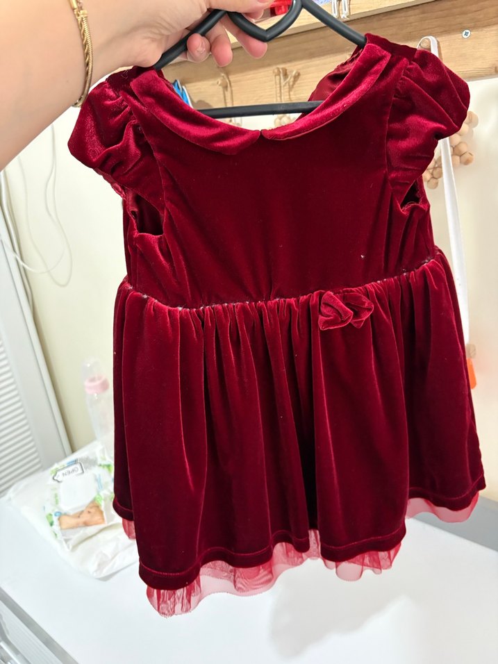 Bordo kadife Kız Çocuk Fırfırlı Elbise - Görsel 3