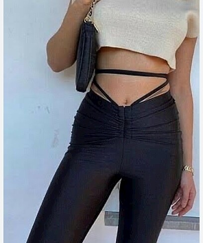 Koton Beli ipli büzgülü İspanyol paça siyah tayt