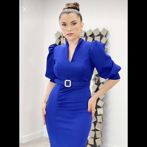 SAKS MAVİSİ SCUBA KUMAŞ DİK YAKA ABİYE ELBİSE