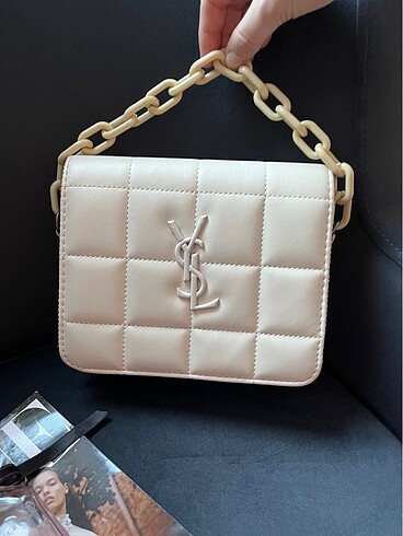Beden Krem YSL Kapitone Kareli Zincirli EL Omuz Çantası