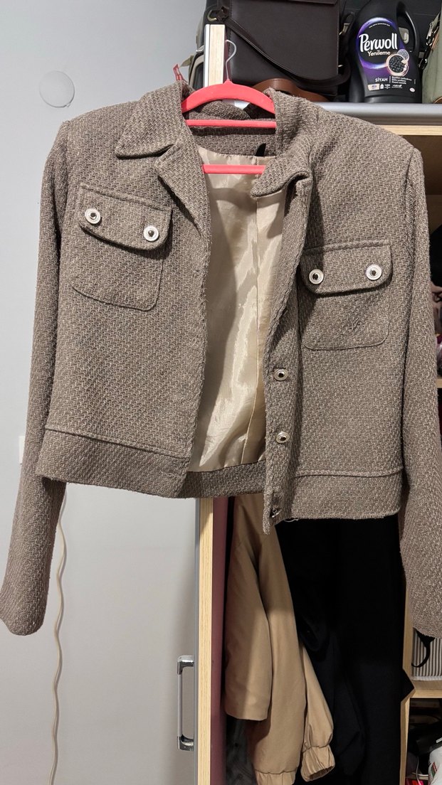 Kahverengi Crop Dokuma Ceket - Görsel 4