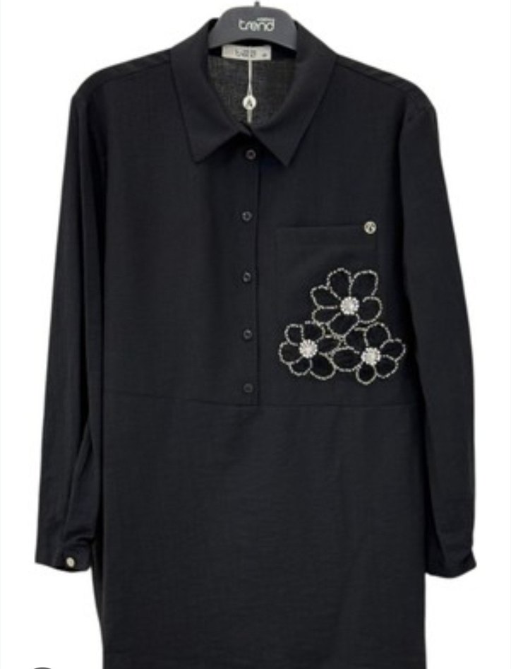 Kadın Siyah Uzun Kollu İşlemeli Mini Gömlek - Görsel 4