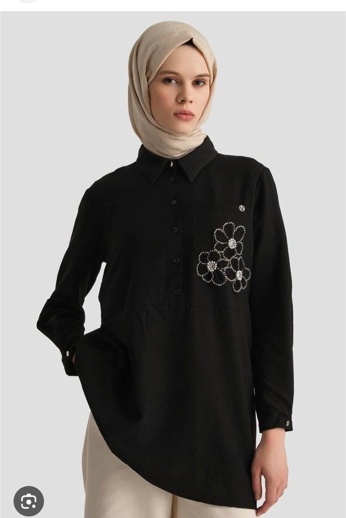 Kadın Siyah Uzun Kollu İşlemeli Mini Gömlek - Görsel 3