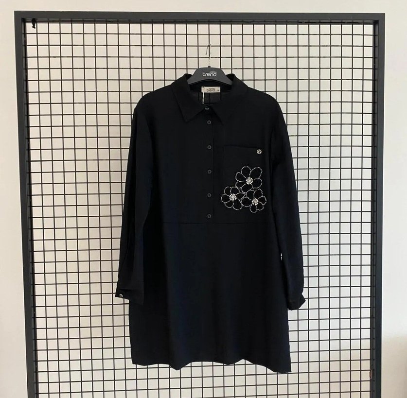 Kadın Siyah Uzun Kollu İşlemeli Mini Gömlek - Görsel 2