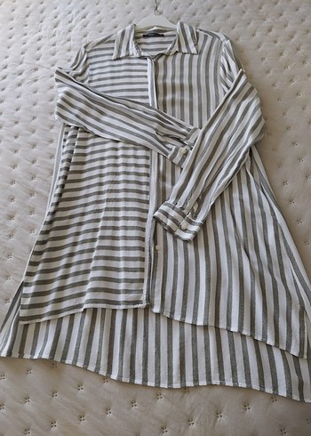 Çizgili Bej Uzun Kollu Kadın Gömlek - Görsel 5