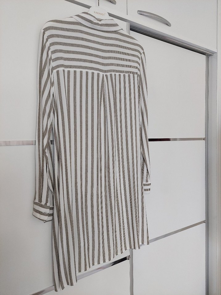 Çizgili Bej Uzun Kollu Kadın Gömlek - Görsel 2