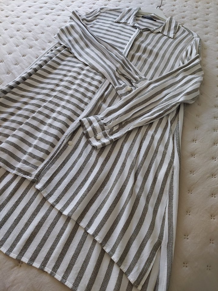 Çizgili Bej Uzun Kollu Kadın Gömlek - Görsel 4