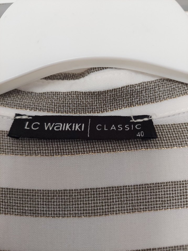 Çizgili Bej Uzun Kollu Kadın Gömlek - Görsel 3