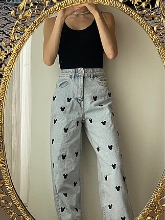 Mickey mouse detaylı wide leg jean