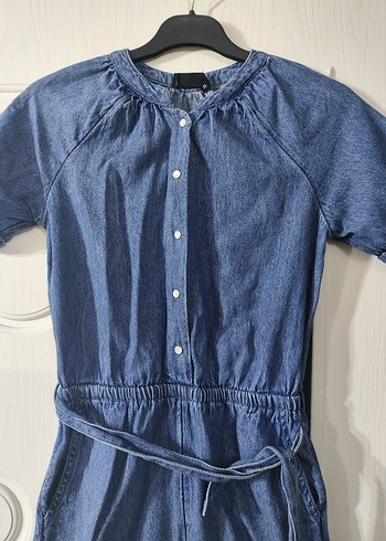 Kızlar için Kemerli Kısa Kollu Denim Tulum - Görsel 2