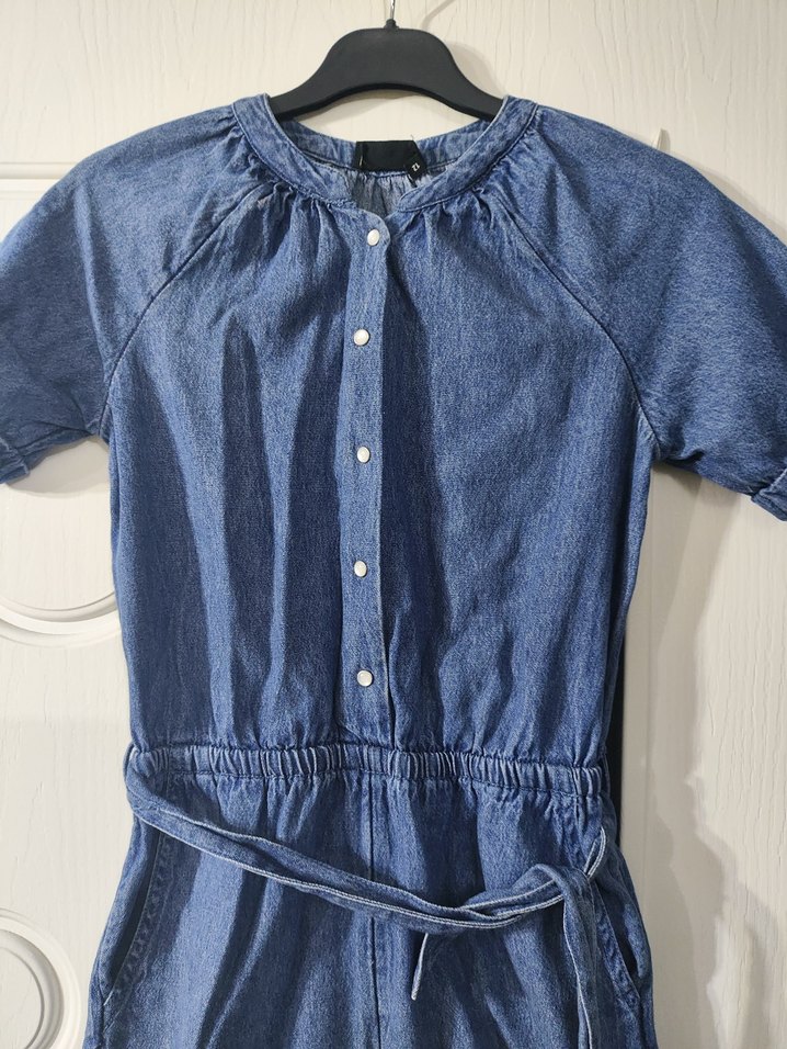 Kızlar için Kemerli Kısa Kollu Denim Tulum - Görsel 2